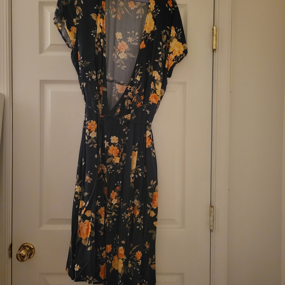 Old Navy Navy Midi Wrap Dress with Yellow Floral Print